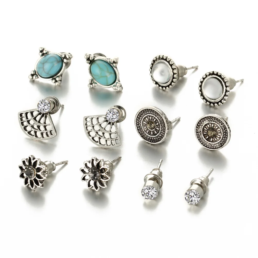 

SIZZZ High quality earrings retro stone 6 pairs of earrings set combination earrings for women