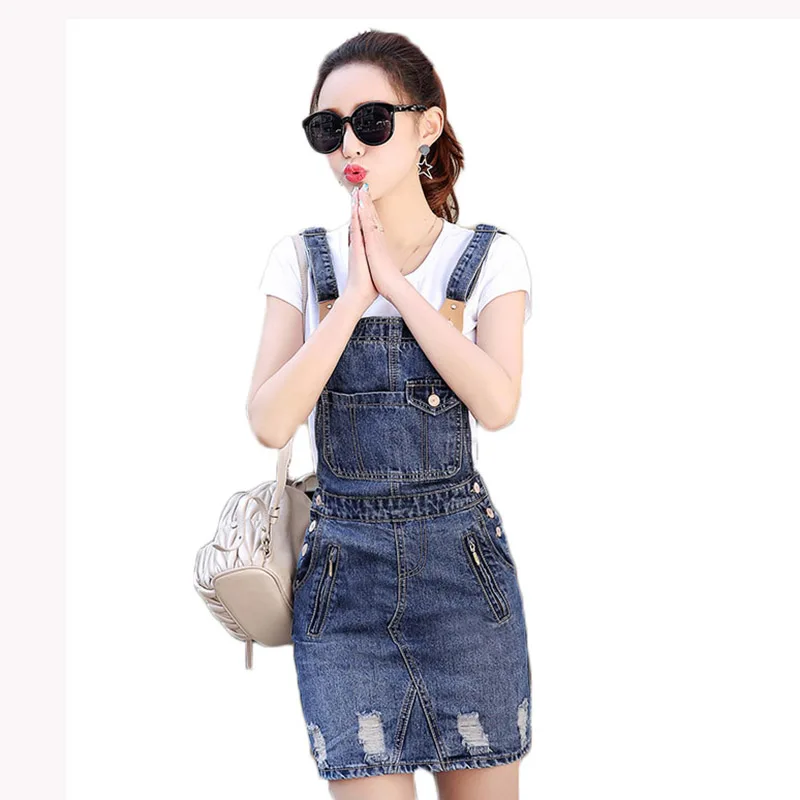 

Strap Denim Dress Female Summer 2019 New Hole Zipper Denim Overall Dress Women Suspenders Slim Pocket Button saia jeans f523