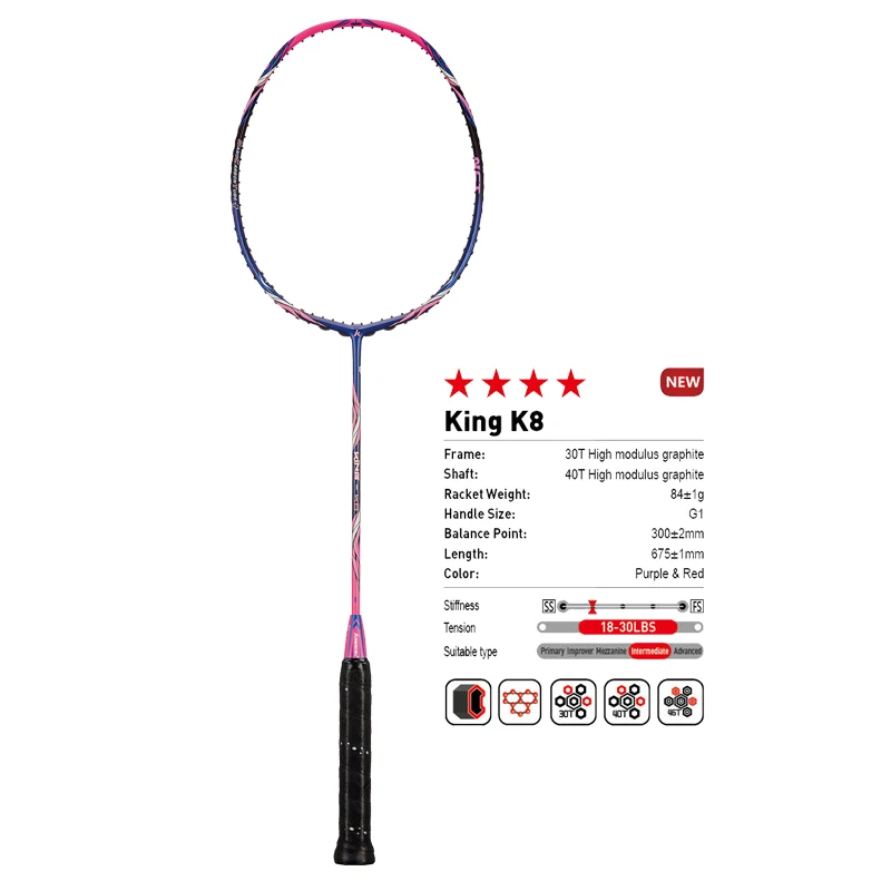 2018 Kawasaki Original Badminton Racket King K8 Attack Type T Head Fullerene Carbon Fiber Racquet For Intermediate Players