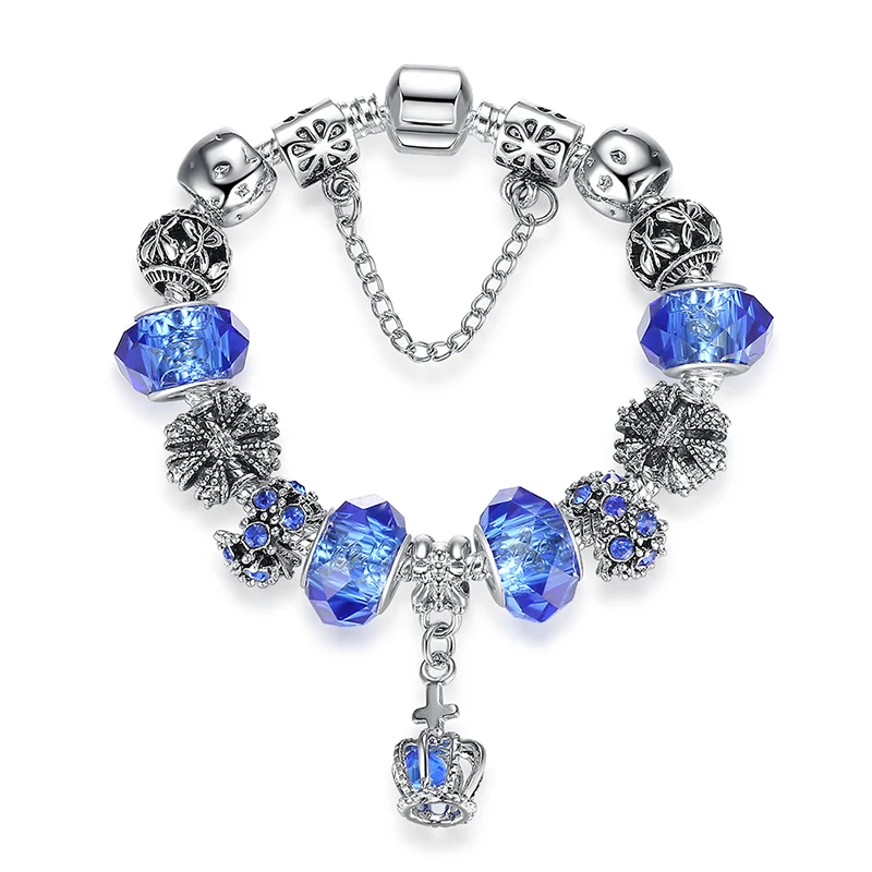 ELESHE Fashion DIY Crystal & Murano Glass Beads Crown Charm Bracelets For Women Snake Chain Bracelets & Bangles Pulseras Gift