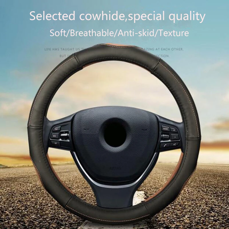 

Skidproof Durable Car Steering Wheel Cover 38CM Cowhide Auto Covers Fit For Most Cars Breathability Soft, breathable, anti-skid
