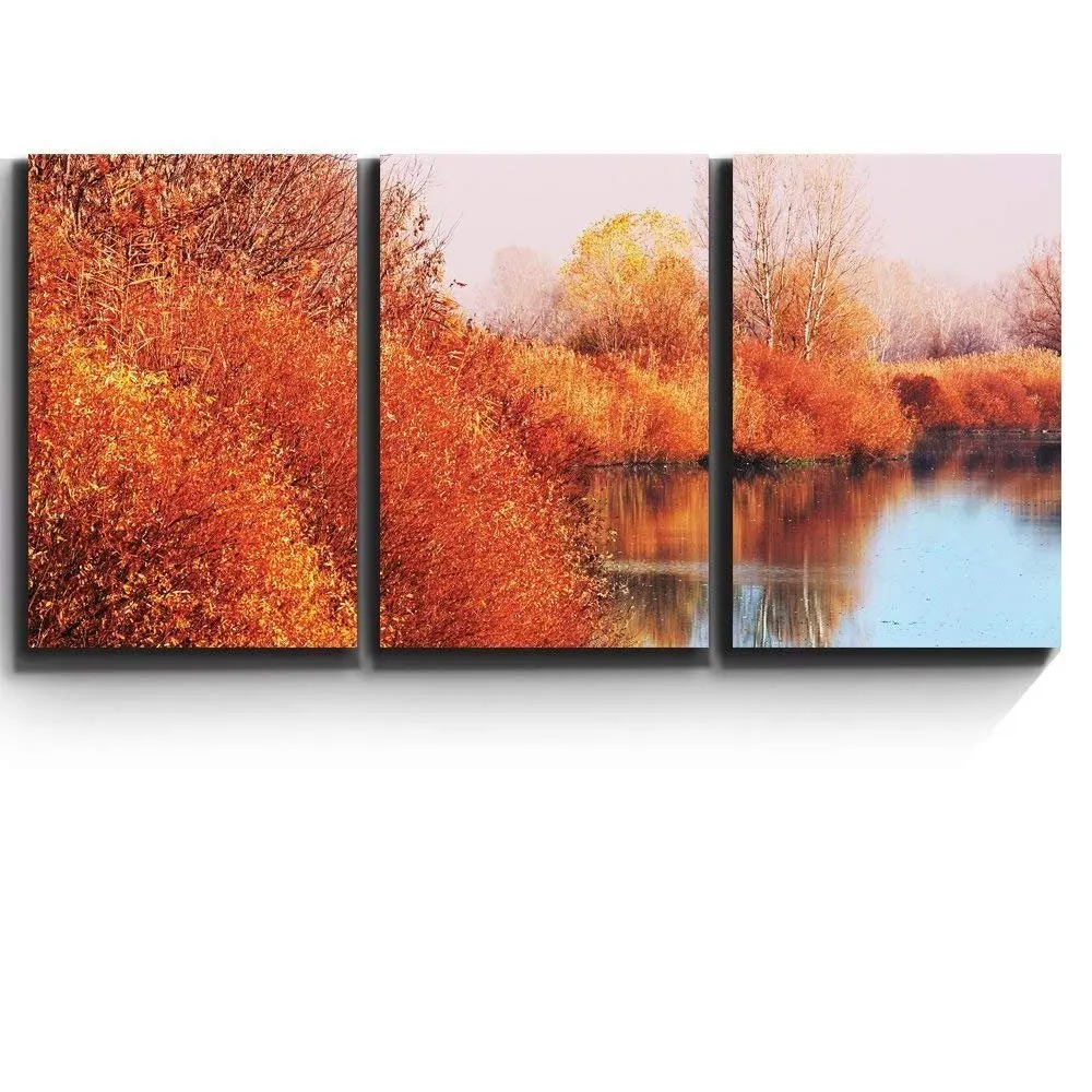 3 Piece Canvas Print Contemporary Art Modern Wall Decor Autumn Lake Scene Orange Calm Peaceful Giclee Artwork Gallery Wrapped 3 Piece Canvas Print Contemporary Art Modern Wall Decor Autumn Lake Scene Orange Calm Peaceful Giclee Artwork Gallery Wrapped