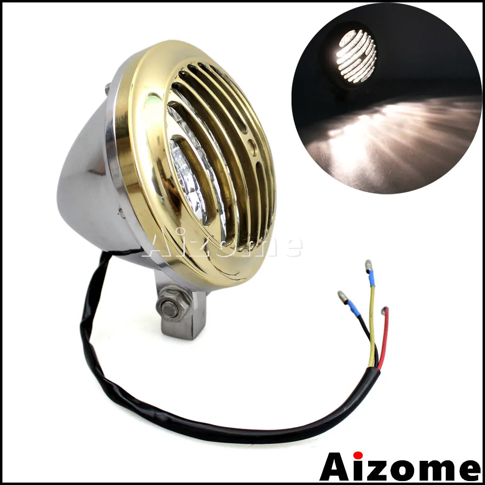 Motorcycle Brass Finned Grill Headlight 4" Vintage Headlamp For Harley