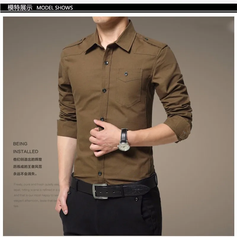 TFETTERS для мужчин рубашка эполет мода длинный рукав Epaulet Военная униформа Стиль 100% хлопок армейские зеленые рубашки с эполеты