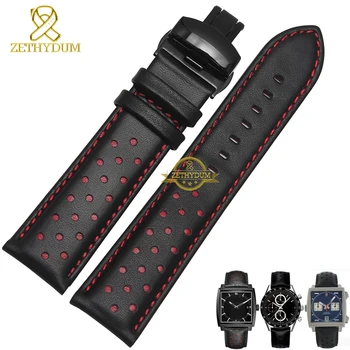 

Genuine Leather Bracelet Watchband 20 22mm mens watch strap Folding clasp black whit red blue stitched wrist watches accessories