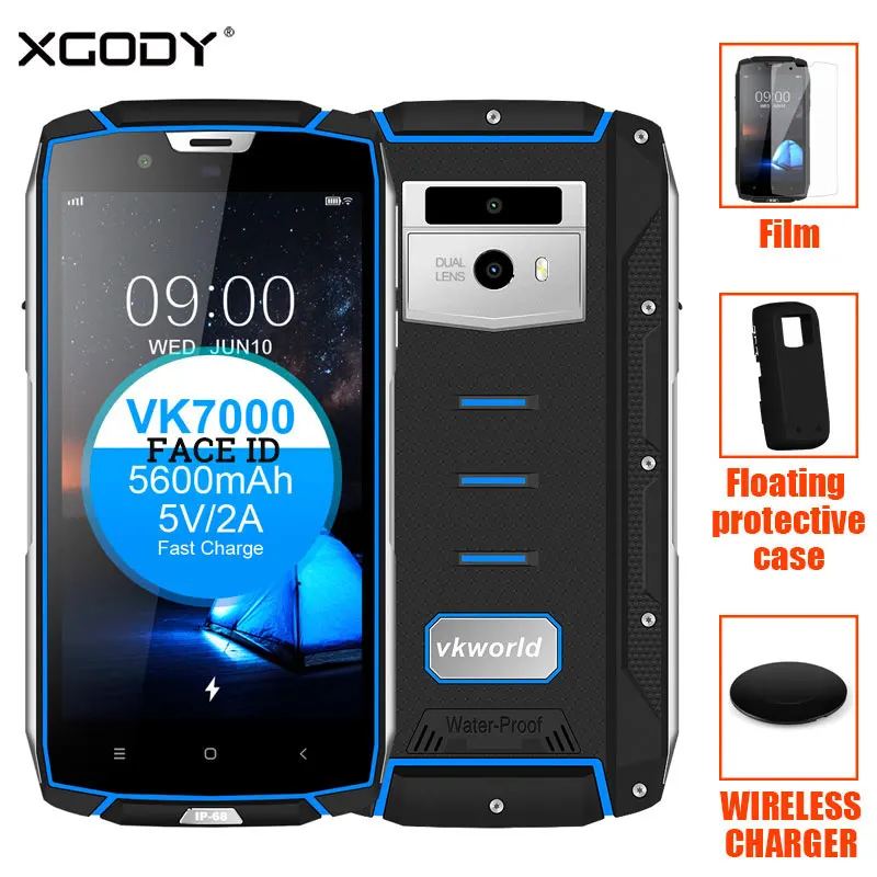Vkworld VK7000 Face ID IP68 agua a prueba de golpes a prueba Smartphone 5,2 ”4GB RAM + 64 GB ROM OTG 16MP + 13MP 5600 mAh huella dactilar 4G teléfono celular
