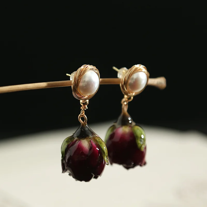 

Pure Handmade Natural Rose Dried Flowers Wrapping 12mm Bright Pearl ar ail Earrings women's fashion jewelry new style female ea