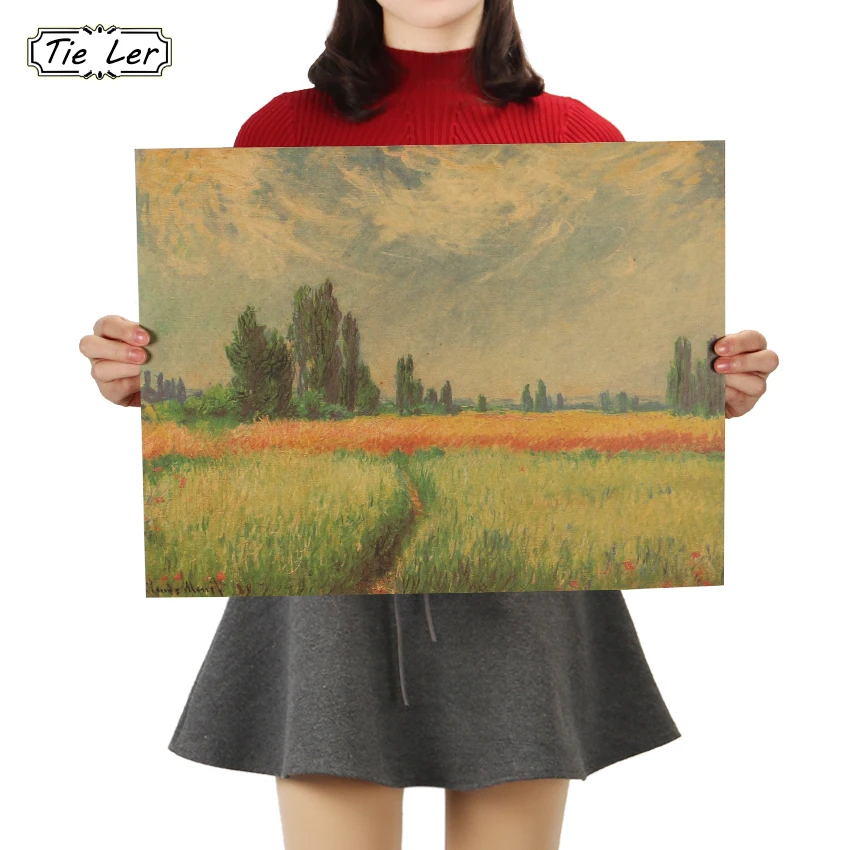 

TIE LER Claude Monet Wheat Field Oil Painting Kraft Paper Classic Nostalgia Poster Bar Cafe Home Decoe Wall Sticker 47x36cm