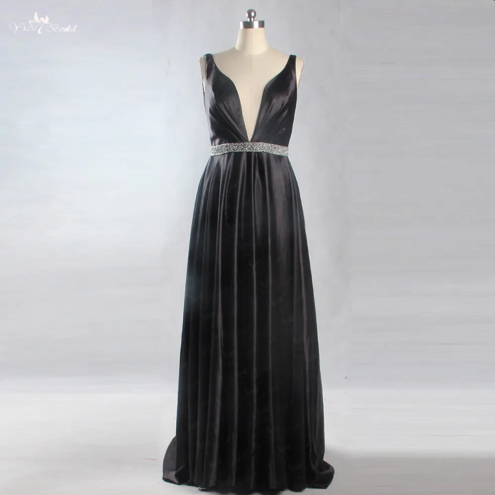 

LZF039 Sexy Deep V Neck Black Evening Dresses Sleeveless With Beading Sashes Sweep Train Formal Party Gowns Real Photo
