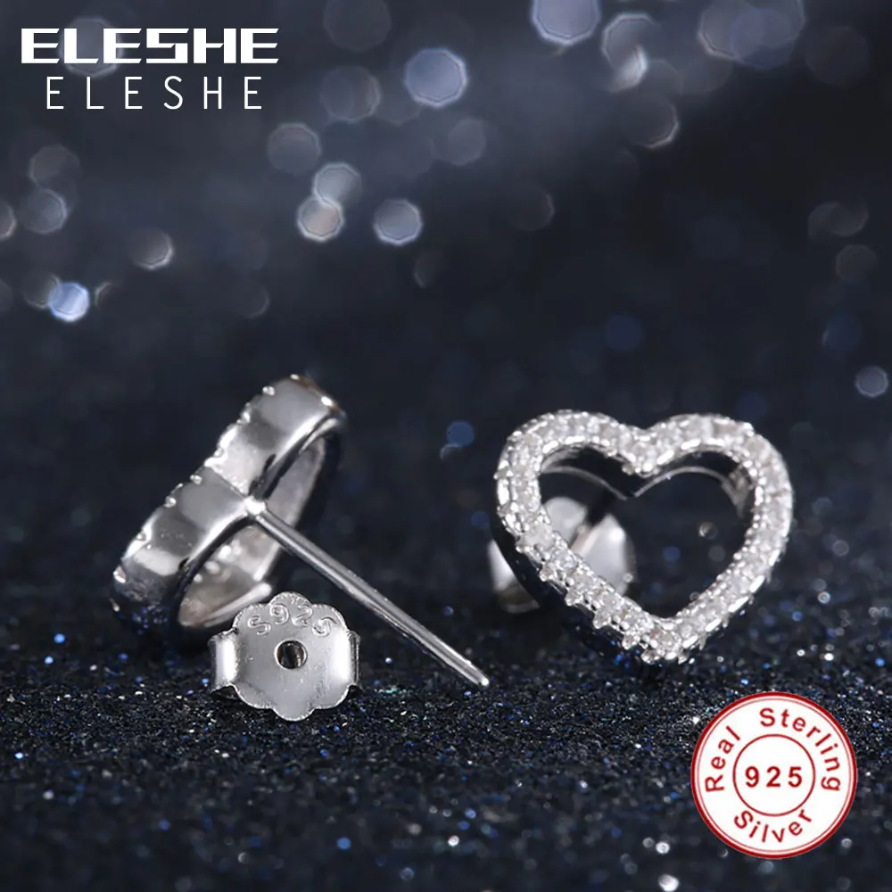 ELESHE 2019 New Valentine's Day Hollow Love Heart Stud Earrings 925 Sterling Silver Earrings for Women Fashion Jewelry Gifts