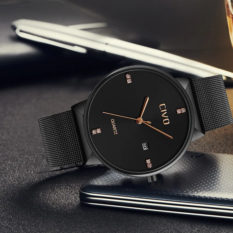 

CIVO Luxury Quartz Watch Wrist Watch Men Clock Waterproof Analogue Black Steel Mesh Strap Simple Design Business Reloj Hombre