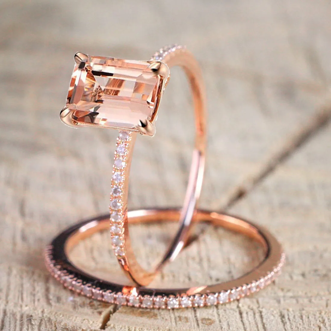Трендовые Изысканные кольца из розового золота с квадратным багетом, набор для женщин, заполненные кубическим цирконием, кристаллами, камнями, ювелирные изделия для свадебной вечеринки - Цвет основного камня: Золотой