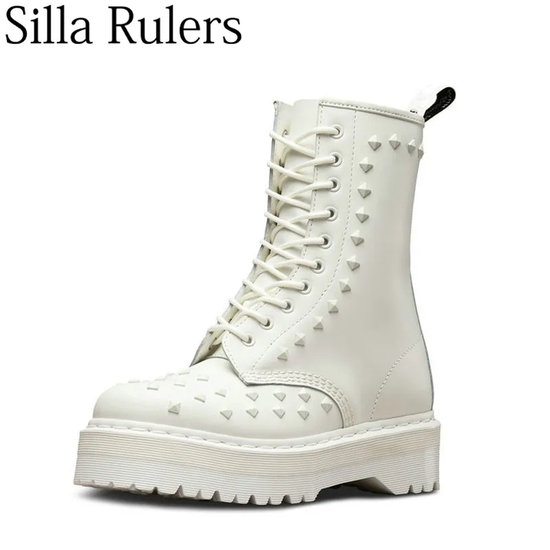 

2019 Runway Winter Retro Motorcycle Boots Woman Genuine Leather Rivet Ankle Boots For Women Round Toe Lace Up Punk Boots Woman