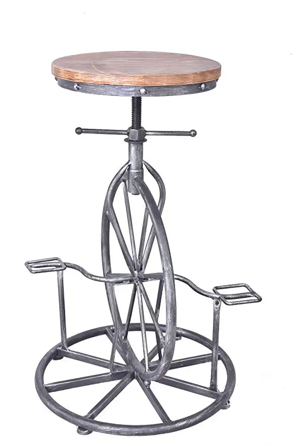 Topower Vintage Bar Stool Swivel Solid Wood seat Iron Retro Industrial Height Adjustable Bicycle Wheel Design Bar Chair Seat