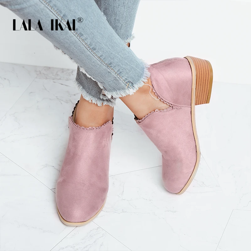 

LALA IKAI Women Flock Mid Heel Pumps Large Size Round Toe Slip-On Autumn Fashion Lace Shoes Sapato Salto Feminino 014C2297-4