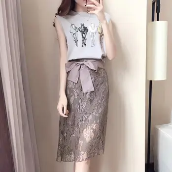 

Women's summer suit fashion trend 2019 Korean fashion trend slim temperament lace skirt T-shirt two-piece set free shipping