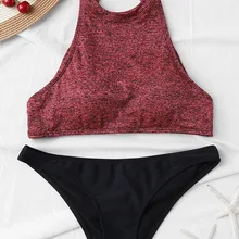 Хит, Танкини с бретелькой через шею, Женский комплект бикини, сексуальный купальник для женщин, купальный костюм, комплект с бюстгальтером для йоги, купальник кофейного и серого цвета, Burgandy