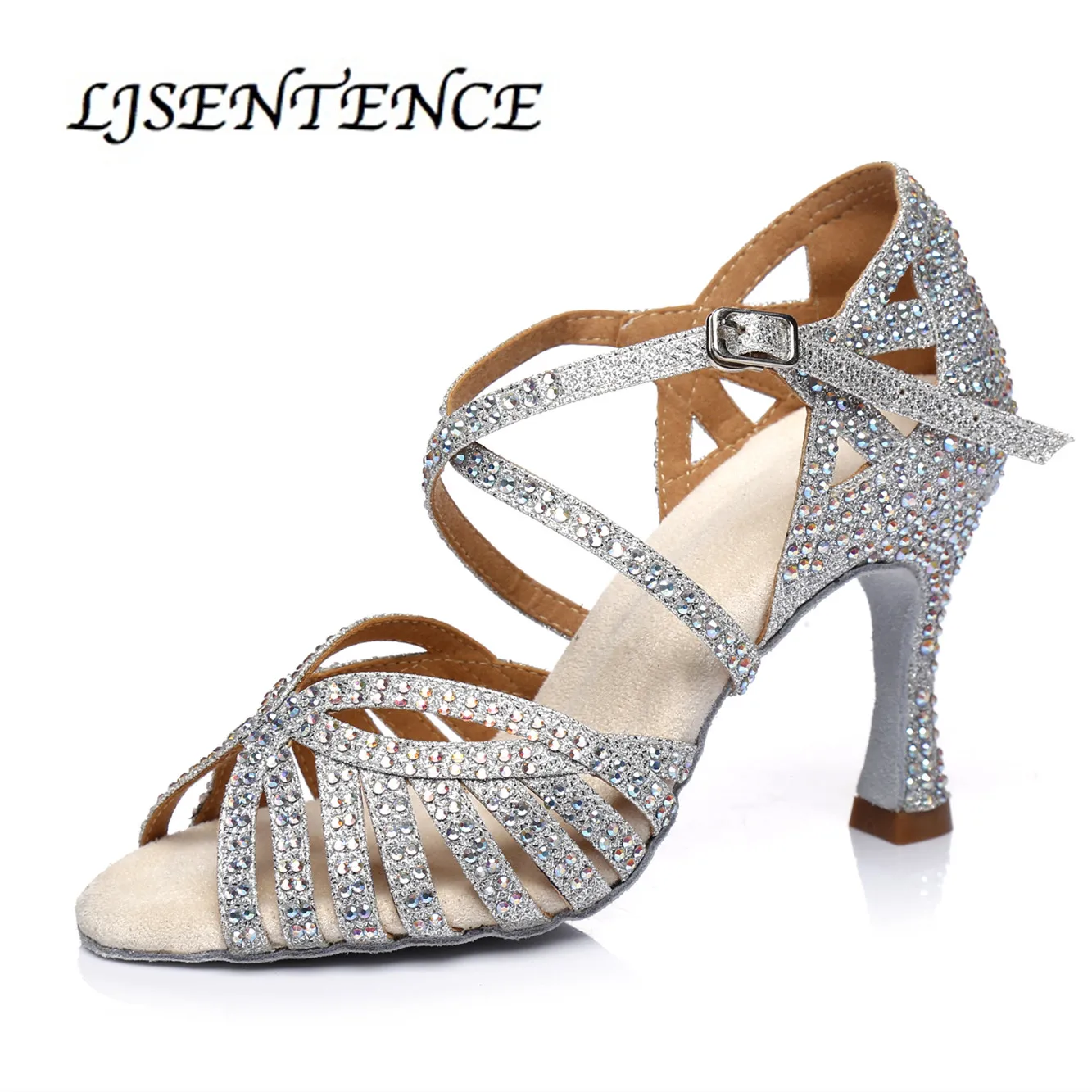 Женская обувь для бальных танцев; цвет серый, серебристый; блестящая ткань; стразы; Каблук 9 см; обувь для латинских танцев; женская обувь