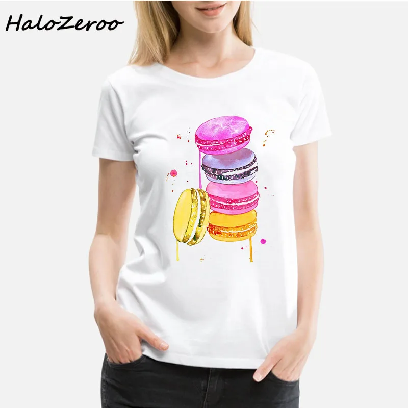 

2019 Summer Harajuku Macaron Print T shirt Women Cute Cartoon O-neck Tshirt Femme Cute White Funny T-Shirt Women Cotton Tops