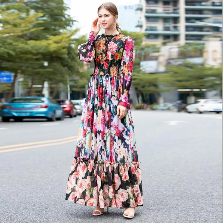 

2019 Summer Women Maxi Dress Flare Sleeve Long Sleeve Gorgeous Vintage Floral Print Long Dress Ruffles Sexy Chiffon Beach Dress