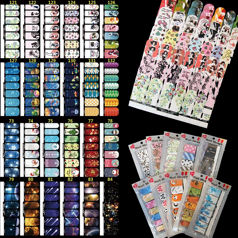 

6 Styles/Set Nail Wraps Full Cover Adhesive Nail Art Stickers Beauty Polish Decals Nails Decorations Accessories 14 Tips