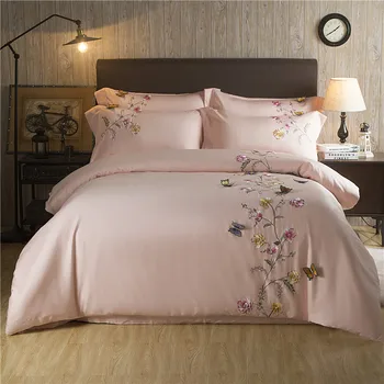 

4pcs Luxury Butterfly Embroidery Silky Egyptian Cotton Bedding Sets Queen King size Duvet cover Bed sheet/linen set Pillowcases