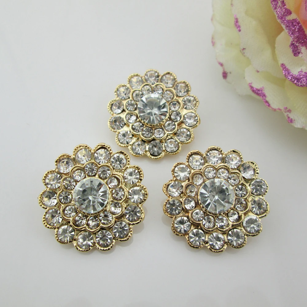 (BT293 25mm) 5pcs Decorative Gold Rhinestone Buttons Clothing Sewing