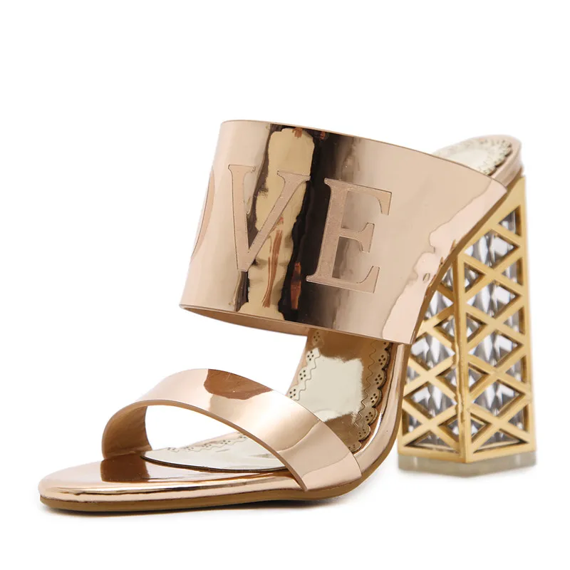 

High-end Women Pumps Sexy Bright Leather High Heel Mules Shoes Square Heeled Gold Wedding Shoes Women Slippers Big Size Footwear