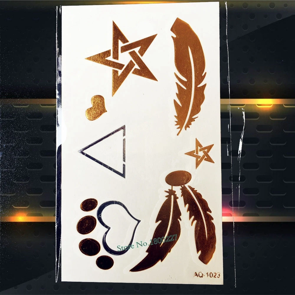 

1PC Phoenix Peacock Feather Temporary Tattoo Gold Color PAQ-1023 Glitter Tattoo Bear Paw Feather Star Heart Children Women Tatoo