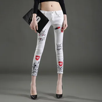 

Korean New Fashion Printing Denim Pants All-match Casual Women Trousers White Skinny Jean Ankle-length 9 Pencil Jeans Female