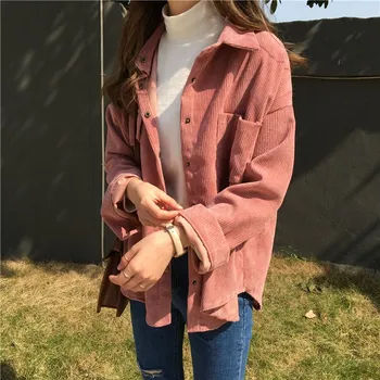 

2 Colors 2018 Autumn Women Corduroy Jackets Korean Long Sleeve Solid Jackets Outwear Casual Pocket Loose Jackets