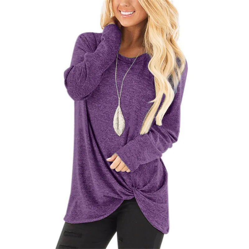 Женская модная Осенняя футболка с длинным рукавом и круглым вырезом Женский Галстук скрученный узел спереди Повседневная Свободная футболка - Цвет: purple