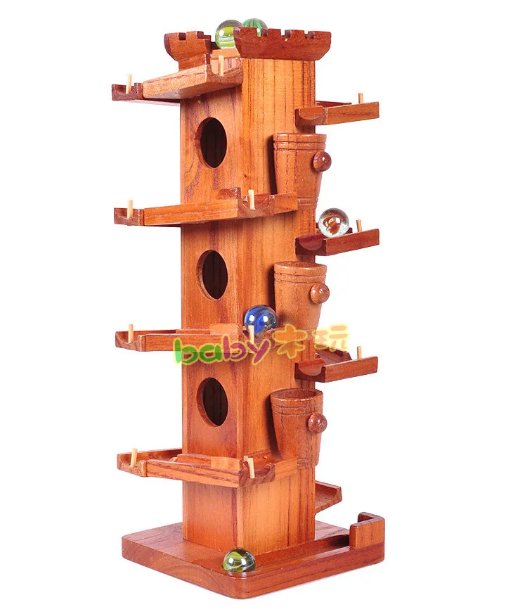 Wooden Tower Marble Ball Slide Track Game Building Block Toys