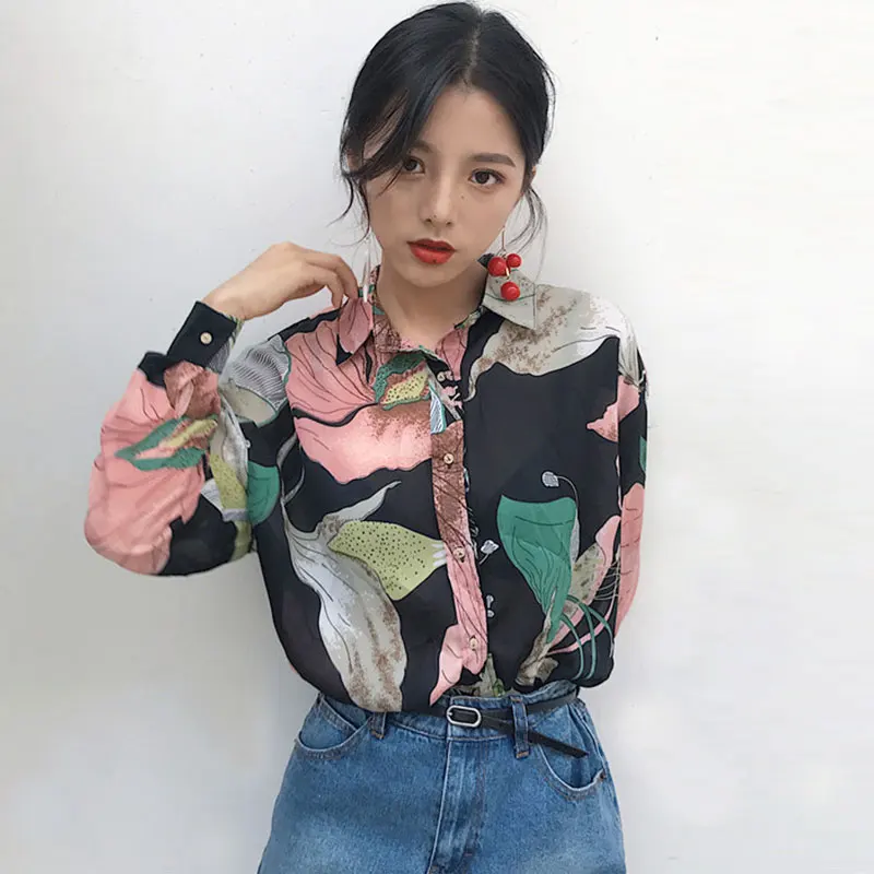 

Autumn Women Vintage Loose Blouse Shirts Chic Turn-down Collar Floral Print Temperament Blusas Student Fashion Chiffon Shirts