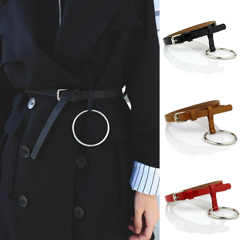 

New Design Women Belt Female Big Ring Decorated Waist Belts Lady Girls Fashion Golden/Slivery Pin Buckle Solid PU Leather Strap