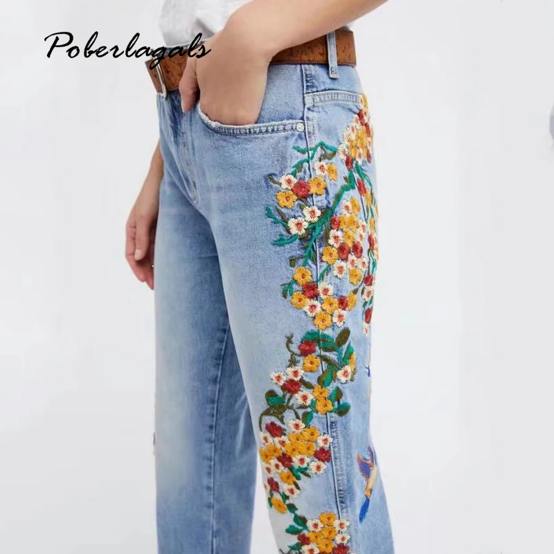 New Denim Yellow flowers bird embroidery Slim jeans woman bottoms 2017 summer jeans female pants capris