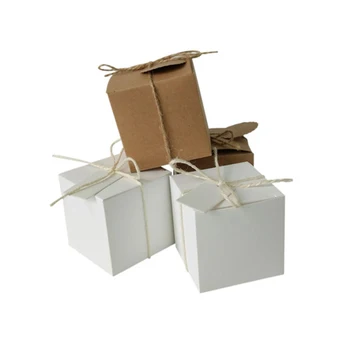 

100pcs/lot High grade Kraft Paper Candy Box with Hemp Rope Brown/White Paper Square Favor Candy Box Wedding Party Favor Gift Box