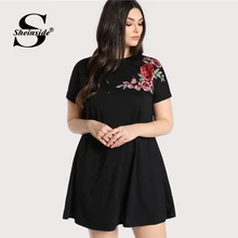 Sheinside цветочный черный плюс размер Повседневное платье для женщин Круглый вырез вышивка прямое Цельнокройное эластичные летние платья выше колена