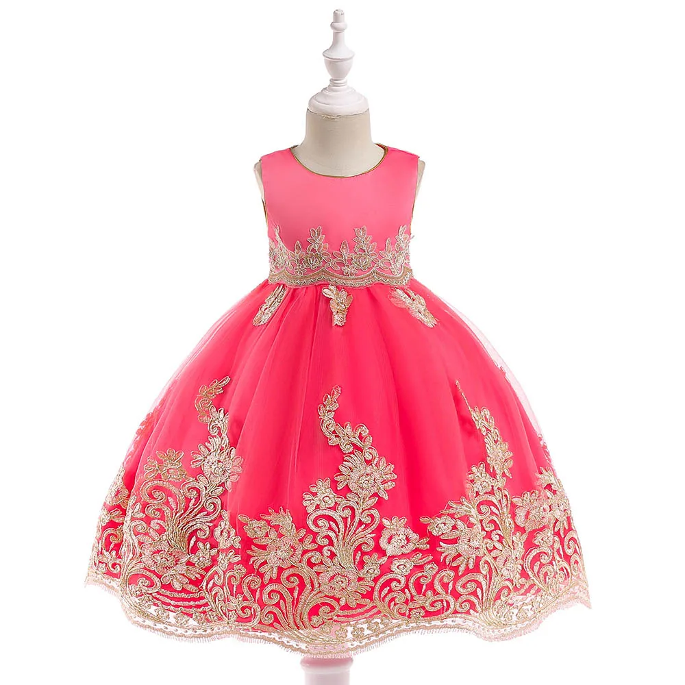 

AmzBarley Girls Formal Dress kids Sleeveless Ball Gown Gold Line Appliques Princess Party Costume Lace Wedding Tutu Dress