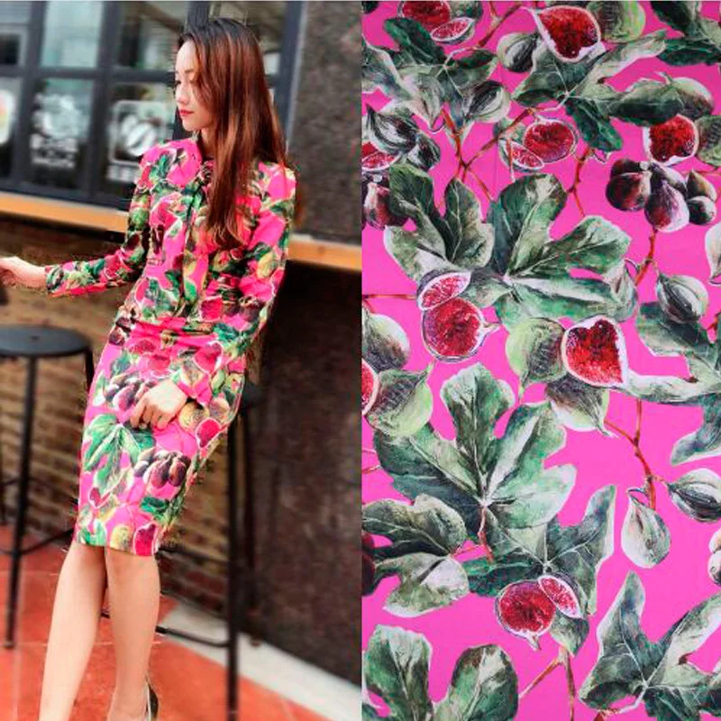 

Fig Printed Fuchsia Polyester Charmeuse Imitate Silk Satin Fabric for Woman Summer Dress Pajama Shirt and Pants Sewing DIY