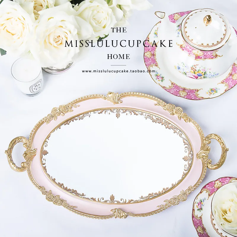 European Golden Round Rectangle Tea Tray Cup Tray Dessert Cake Stands