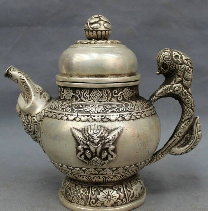 

8" Tibet Silver Buddhist Redpoll Buddha Statue Auspicious Flower Teapot Wine Pot
