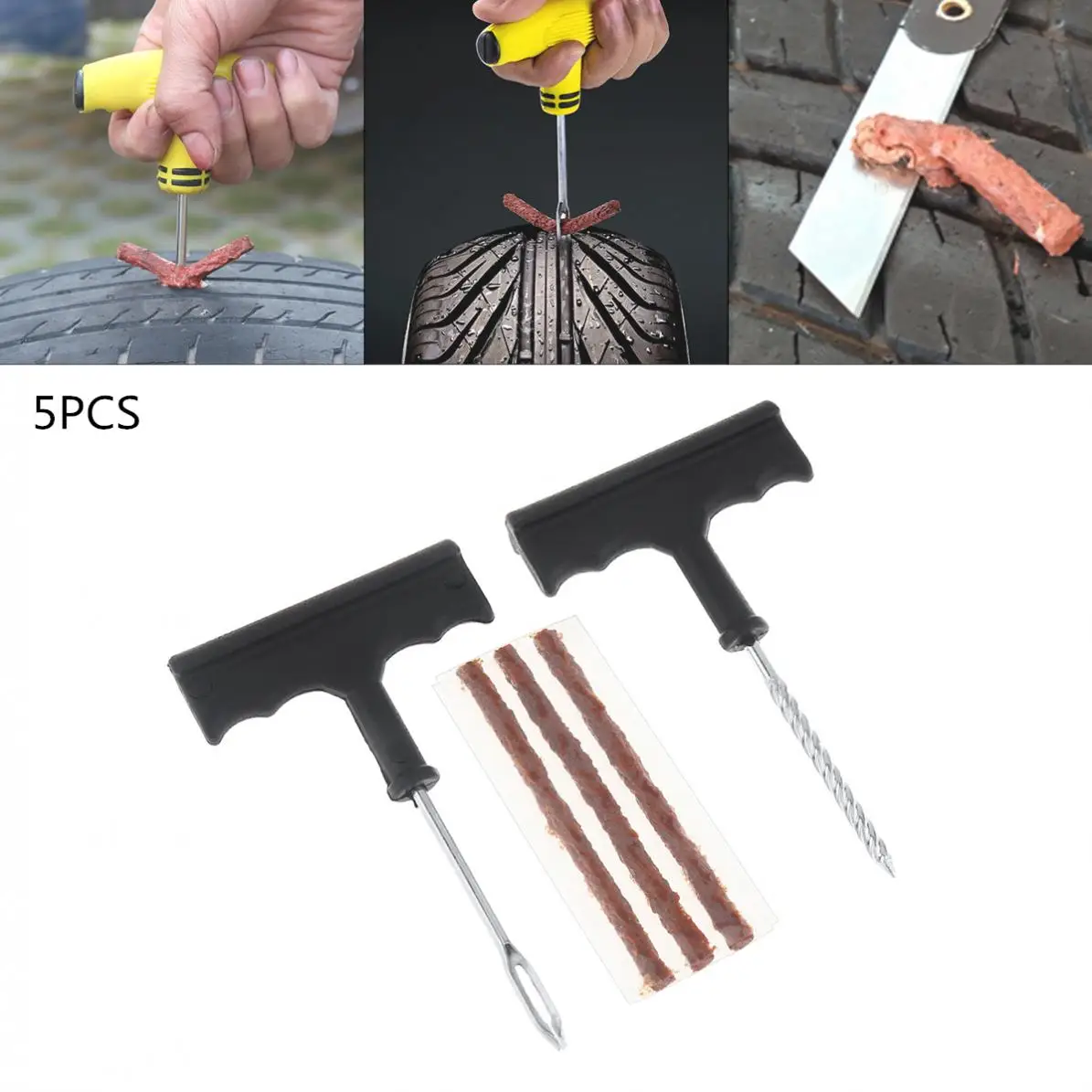 

5pcs Universal Portable Vacuum Tire Repair Fast Repairing Tool Kit with 3 Rubber Strip for Car/ Motorcycle / Bicycle