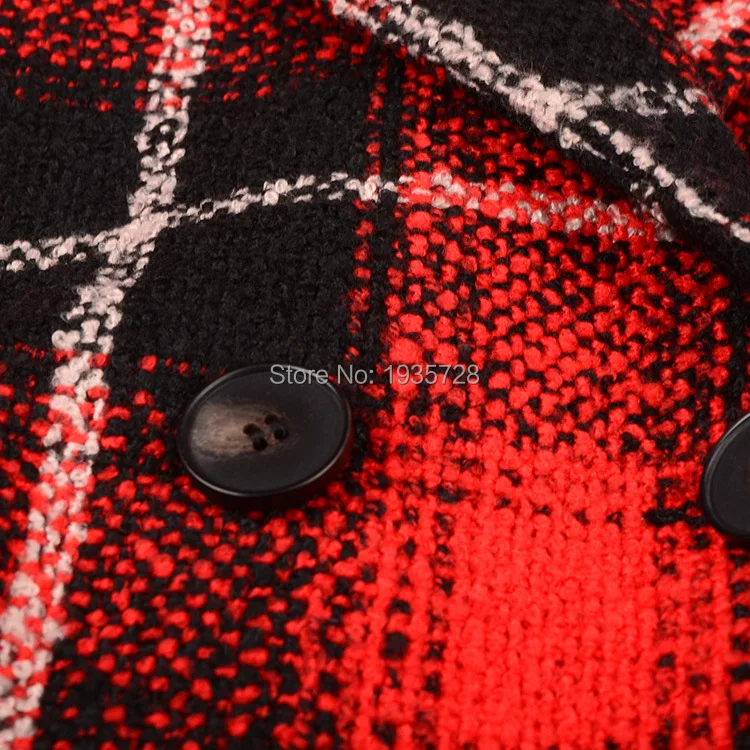 Клетчатое шерстяное пальто из смешанной ткани в черно-красную клетку и контрастную полоску, осень, женское двубортное пальто
