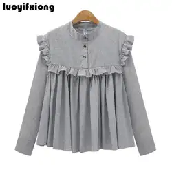 Luoyifxiong Мода оборками плиссированные полосатая блуза Для женщин рубашки с длинным рукавом Femme рубашку плюс Размеры Для женщин s Топы и блузки