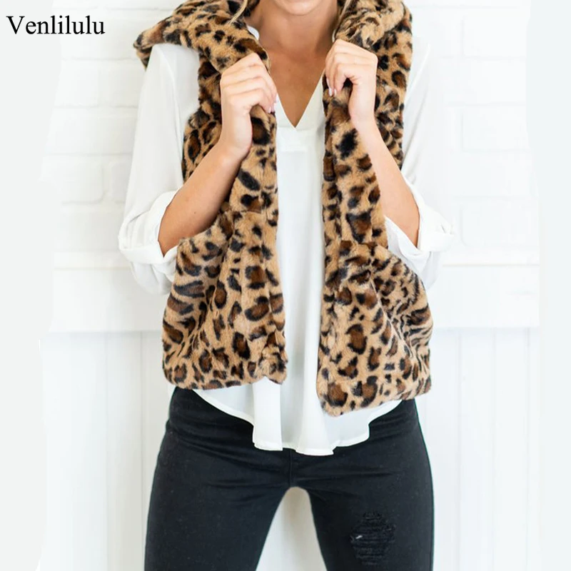 Leopard Print Faux Fur Coats Autumn Winter Women Casual Sleeveless Faux