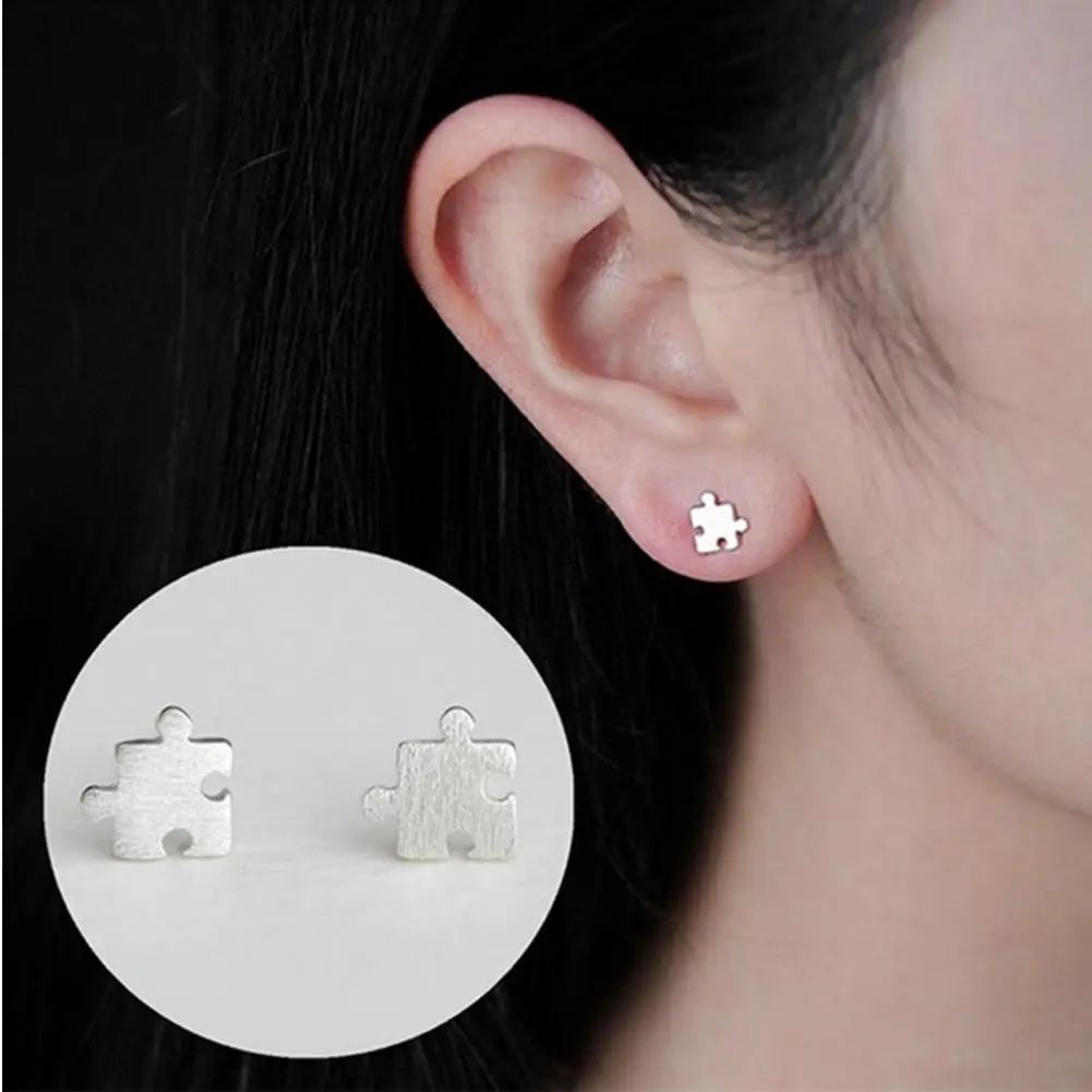 

Fashion Women Drawing Surface Jigsaw Puzzle Shape Ear Stud Earrings Jewelry