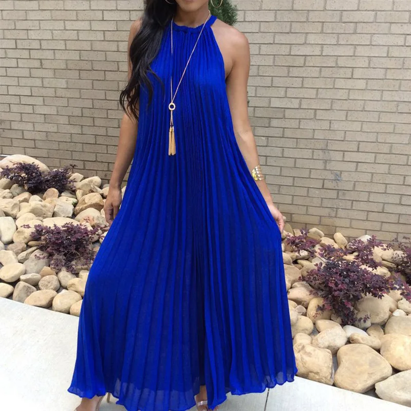 الأزرق طويل مطوي الشيفون اللباس المرأة الصيف فستان الشمس الصلبة الرسن أكمام عارضة الشاطئ اللباس بوهو البوهيمي فستان مناسبات