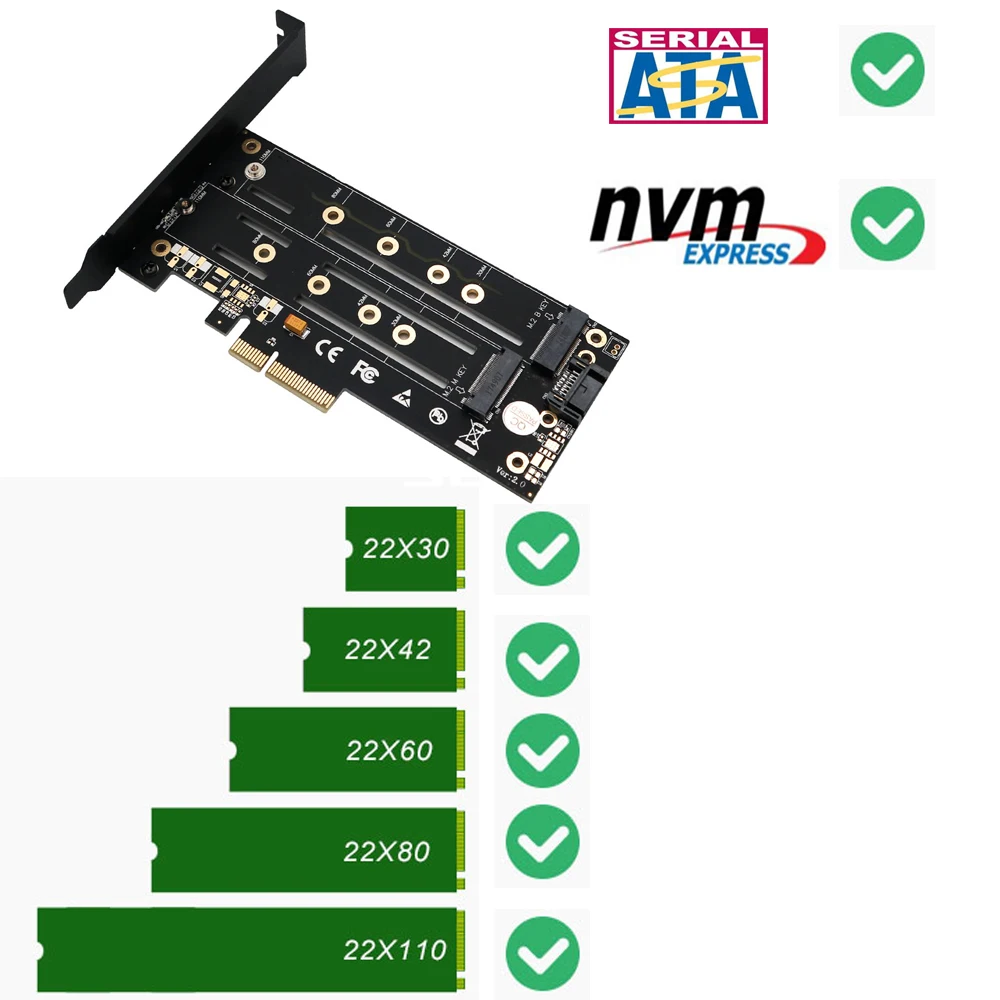 M.2 NVMe PCIE адаптер M ключ+ SATA B Ключ M.2 NGFF PCIE к M2 адаптер Riser PCIE3.0 контроллер с низкопрофильным кронштейном радиатор