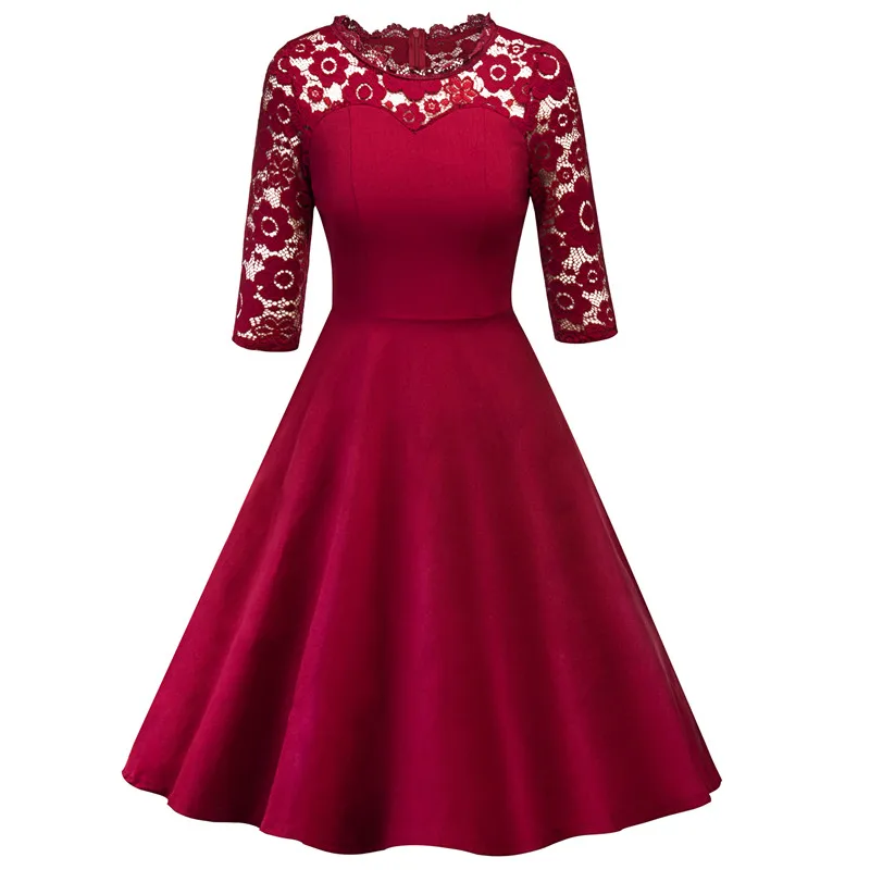 

High quality Fashion women new Simple Vintage tank dress O Neck evening Slim lace embroidery party dresses zipper red